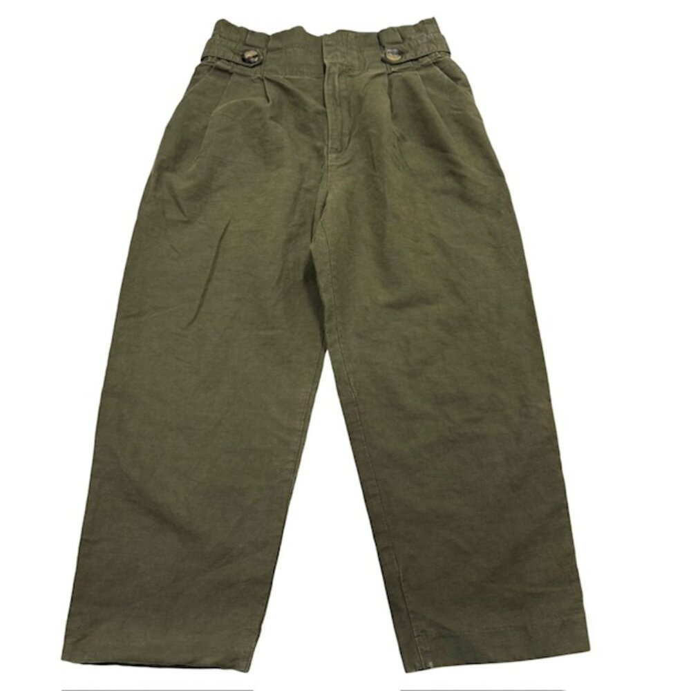 Zara Linen Cropped Pants Khaki Green Paperbag Waist Baggy Fit‎ Womens Small